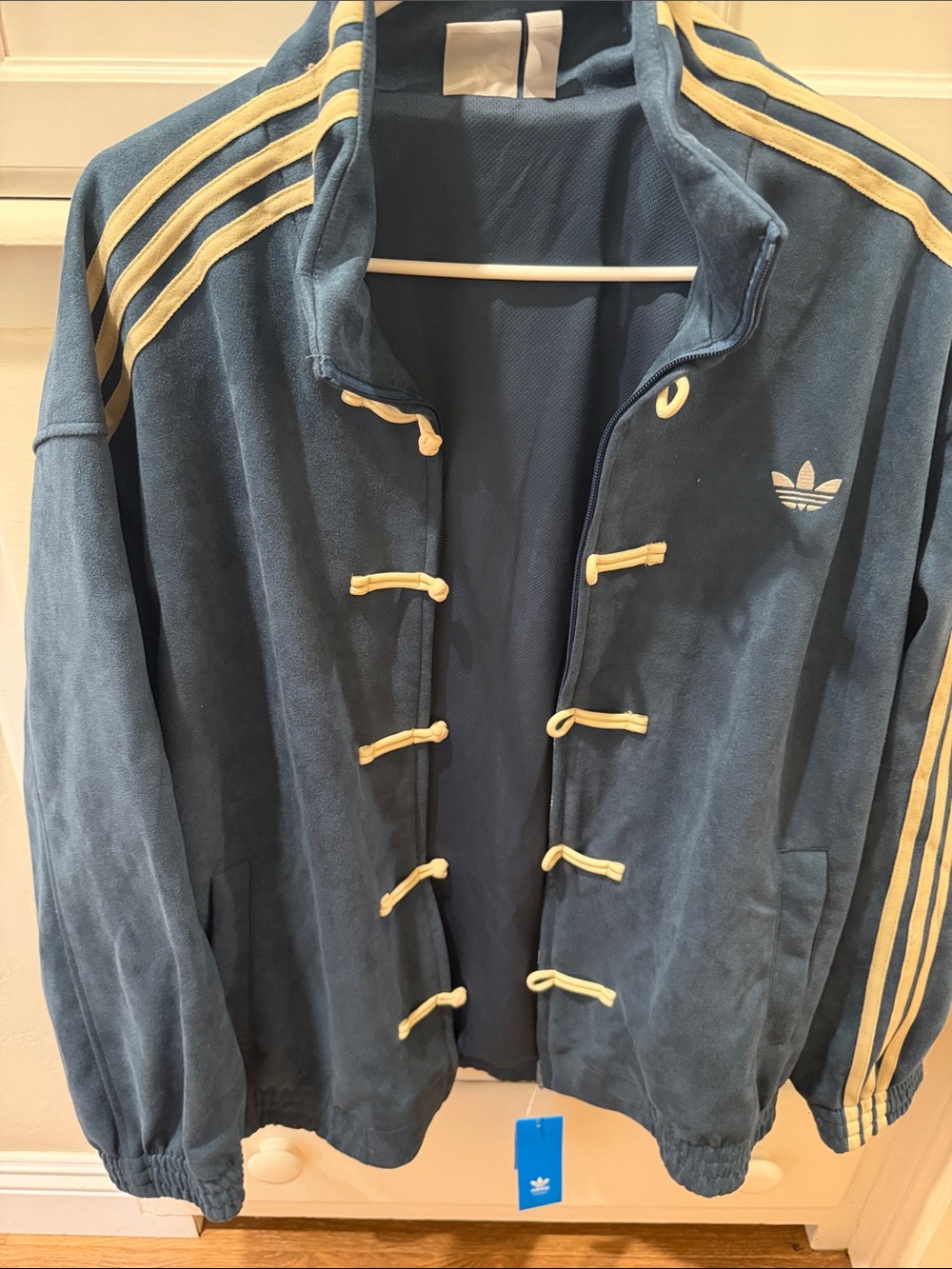 Copy adidas Blue Bomber Jacket with Cream Stripes